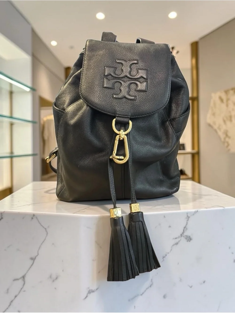Tory Burch Black Leather pebbled Backpack